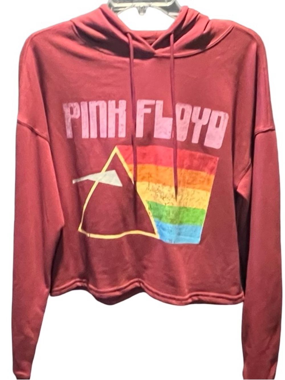 Pink Floyd Maroon Cropped Hoodie with Rainbow Prism Graphic